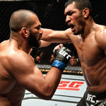**UFC 300 Chaos:** A dynamic shot of Jonathan Wilson clashing with Alex Pereira in the octagon. High energy, dramatic lighting, capture the intensity of a potential upset. Focus on raw power and determination.