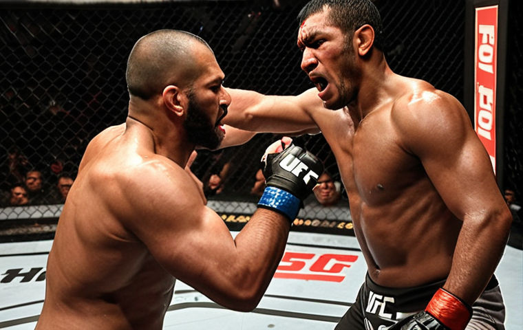 **UFC 300 Chaos:** A dynamic shot of Jonathan Wilson clashing with Alex Pereira in the octagon. High energy, dramatic lighting, capture the intensity of a potential upset. Focus on raw power and determination.