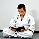 A focused male martial artist, fully clothed in a modest, clean white gi, sitting thoughtfully on the floor of a traditional dojo. He is holding a classic notebook and pen, diligently writing in a training log, with a slightly sweaty brow indicating recent activity. A punching bag is subtly visible in the background. The atmosphere is calm and reflective, emphasizing discipline and self-assessment. Perfect anatomy, correct proportions, natural pose, well-formed hands, proper finger count, natural body proportions. Safe for work, appropriate content, fully clothed, professional.