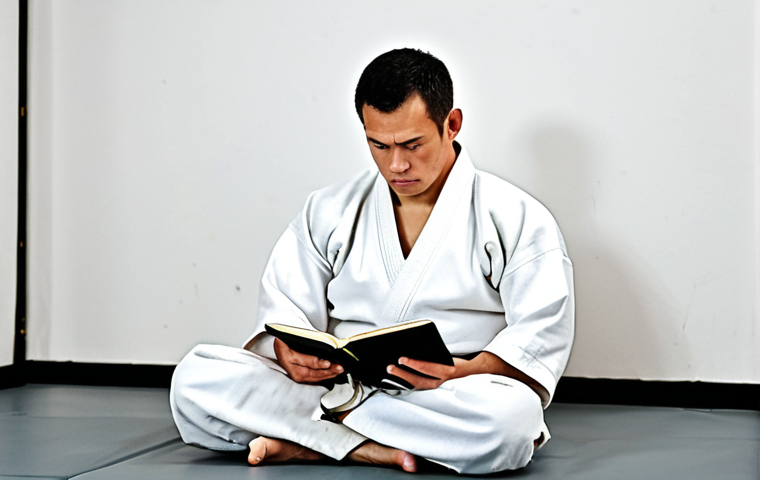 A focused male martial artist, fully clothed in a modest, clean white gi, sitting thoughtfully on the floor of a traditional dojo. He is holding a classic notebook and pen, diligently writing in a training log, with a slightly sweaty brow indicating recent activity. A punching bag is subtly visible in the background. The atmosphere is calm and reflective, emphasizing discipline and self-assessment. Perfect anatomy, correct proportions, natural pose, well-formed hands, proper finger count, natural body proportions. Safe for work, appropriate content, fully clothed, professional.
