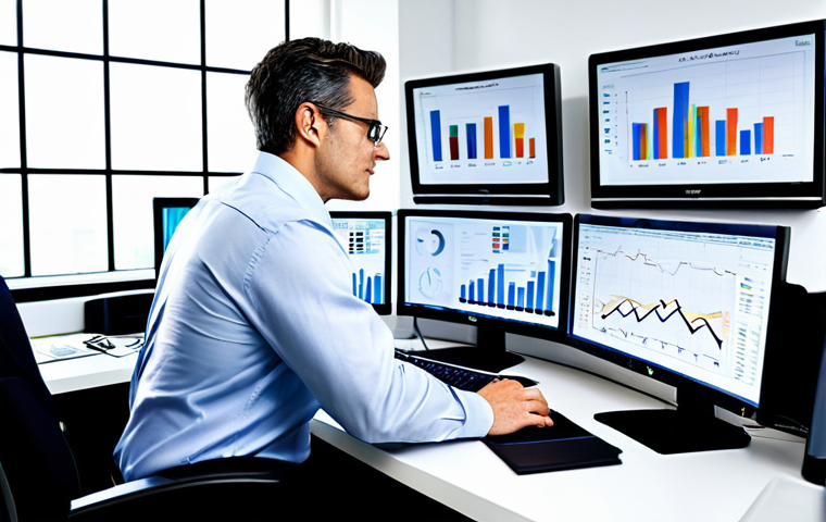 The Analyst**

*   Prompt: "A professional data analyst working at a brightly lit office desk, surrounded by multiple monitors displaying charts and graphs, fully clothed, appropriate attire, safe for work, perfect anatomy, natural proportions, business casual, sharp focus, high resolution."

**
