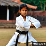 격투기 여성 선수 인터뷰 - **Prompt:** A young Indian girl, around 13-15 years old, with a determined expression, wearing a cle...