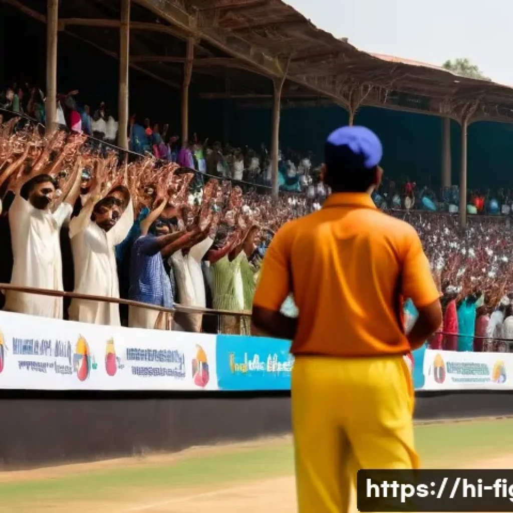 격투기 경기장 매너 - A vibrant stadium scene during a daytime cricket match in India, showing enthusiastic yet discipline...