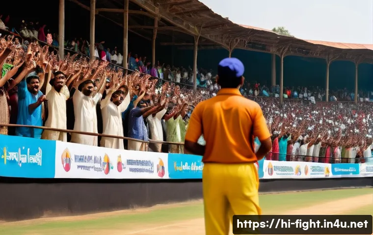 격투기 경기장 매너 - A vibrant stadium scene during a daytime cricket match in India, showing enthusiastic yet discipline...