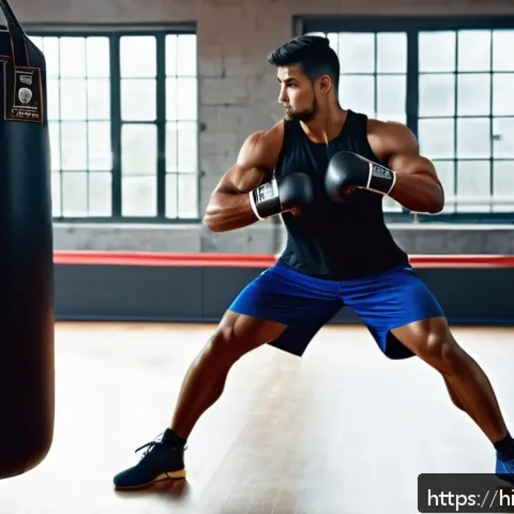 격투기 킥 훈련 기법 - A detailed, dynamic scene of a male boxer performing a powerful kick in a gym setting, wearing athle...