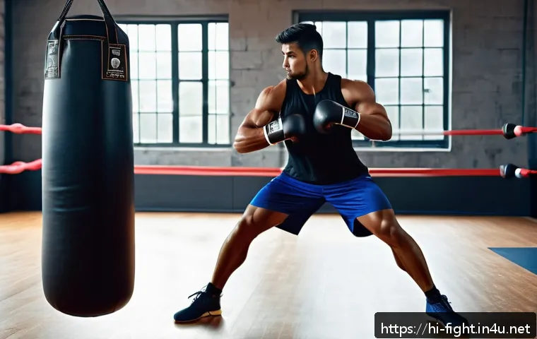격투기 킥 훈련 기법 - A detailed, dynamic scene of a male boxer performing a powerful kick in a gym setting, wearing athle...