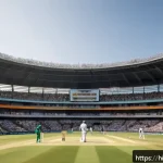 격투기 룰 변화 히스토리 - A dynamic scene of a modern cricket match under bright stadium lights, featuring players wearing ful...
