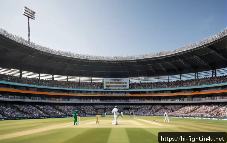 격투기 룰 변화 히스토리 - A dynamic scene of a modern cricket match under bright stadium lights, featuring players wearing ful...