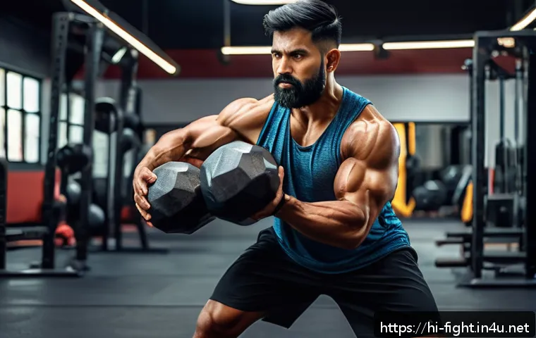 격투기 대회 준비 팁 - A focused Indian male fighter in mid-30s practicing functional training in a modern gym setting, wea...