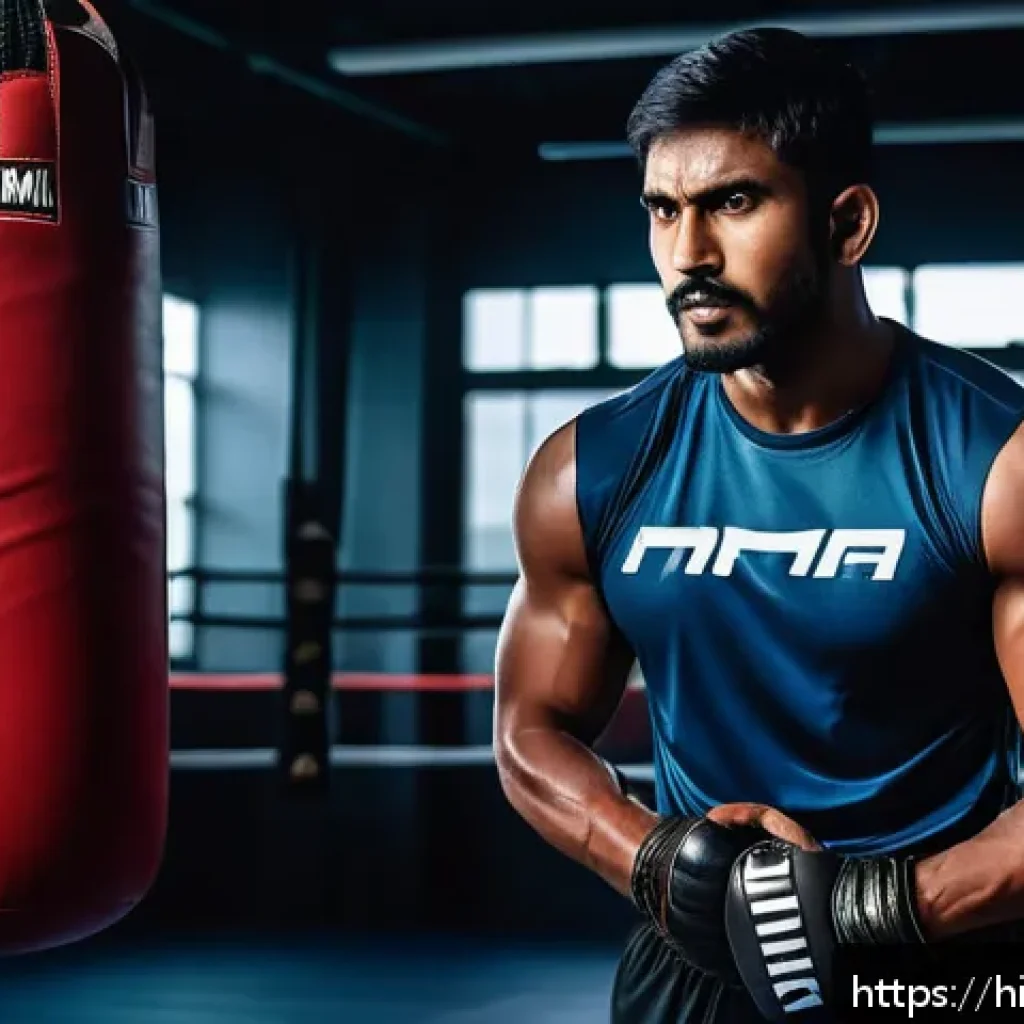 격투기 선수별 전적 비교 - A determined Indian male fighter in his late 20s, wearing modern MMA training gear including shorts ...