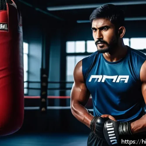 격투기 선수별 전적 비교 - A determined Indian male fighter in his late 20s, wearing modern MMA training gear including shorts ...