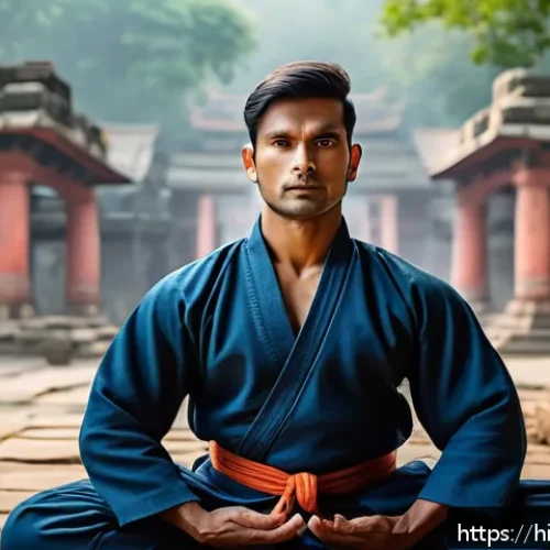 격투기 관련 도서 추천 - A focused Indian martial artist wearing traditional training attire and protective gear, meditating ...