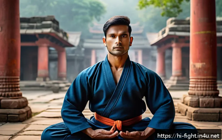 격투기 관련 도서 추천 - A focused Indian martial artist wearing traditional training attire and protective gear, meditating ...