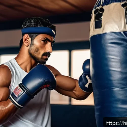 격투기 선수 인터뷰 - A determined Indian male fighter in a traditional boxing gym setting, wearing full sports attire inc...