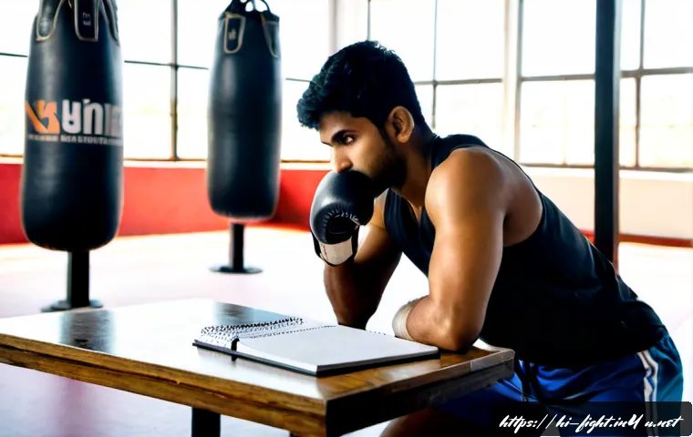 격투기 훈련 스케줄 구성법 - Photorealistic Indian amateur fighter in a clean modern combat sports gym, seated at a simple wooden...