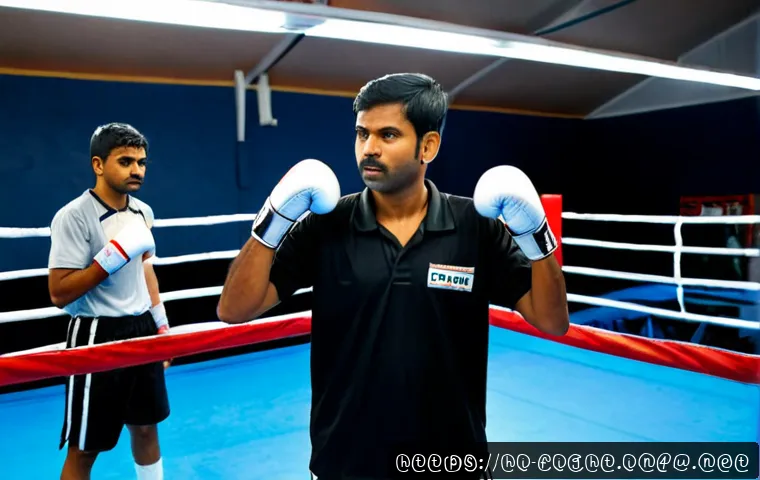 Home 17 격투기 복싱 심판 교육 - Photorealistic boxing referee training session in a modern Indian boxing gym, experienced instructor...