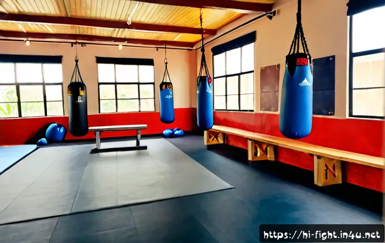 격투기 훈련 장소 인테리어 - Photorealistic modern combat sports training studio interior in India, wide-angle view from the entr...